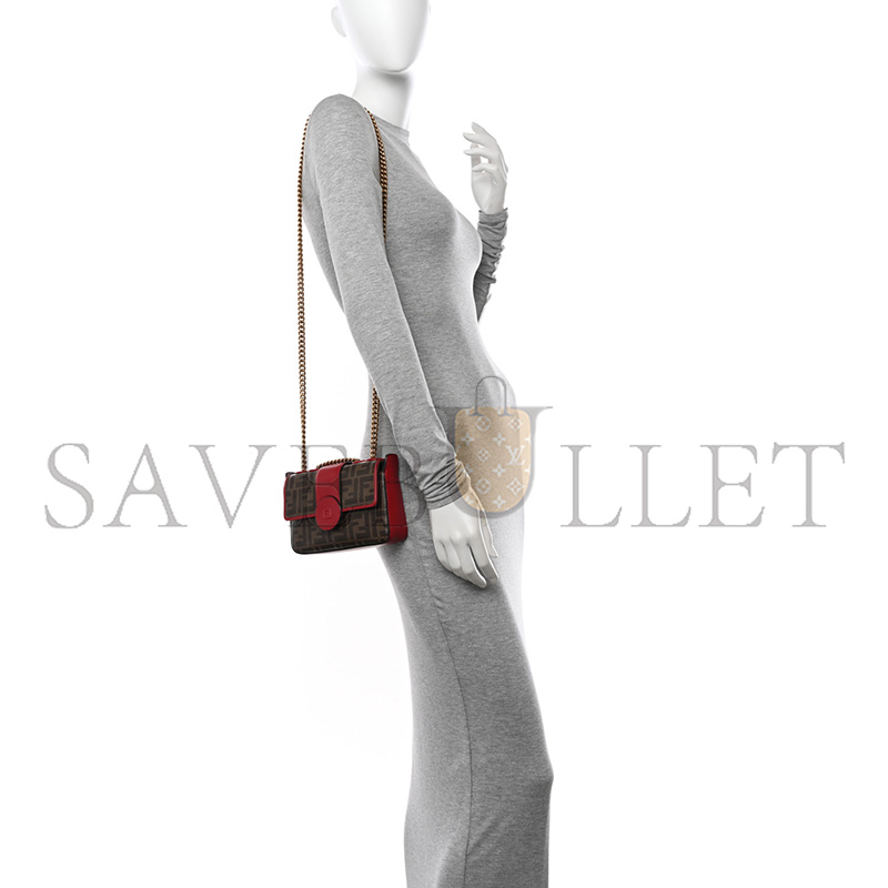 F**di glazed fabric vitello century ff 1974 stamp patch mini double f crossbody bag mogano panna fragola (19*13*4cm)